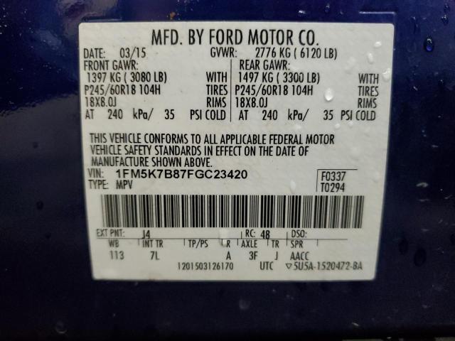 1FM5K7B87FGC23420 - 2015 FORD EXPLORER BLUE photo 14