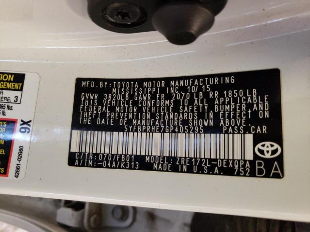 5YFBPRHE7GP405295 - 2016 TOYOTA COROLLA ECO WHITE photo 12