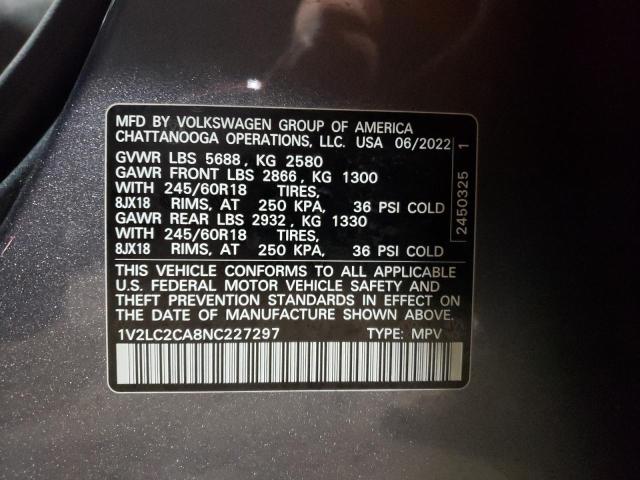 1V2LC2CA8NC227297 - 2022 VOLKSWAGEN ATLAS CROS SE Серый фото 12