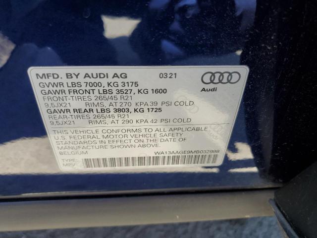 WA13AAGE9MB032998 - 2021 AUDI E-TRON SPORTBACK PRESTIGE BLUE photo 13