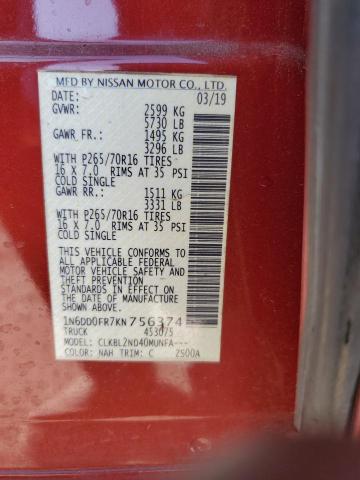 1N6DD0FR7KN756374 - 2019 NISSAN FRONTIER SV RED photo 12