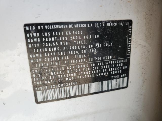 3VV2B7AX9KM037640 - 2019 VOLKSWAGEN TIGUAN SE Blanc photo 13