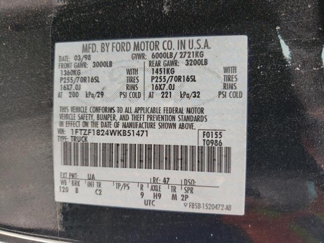 1FTZF1824WKB51471 - 1998 FORD F150 BLACK photo 12