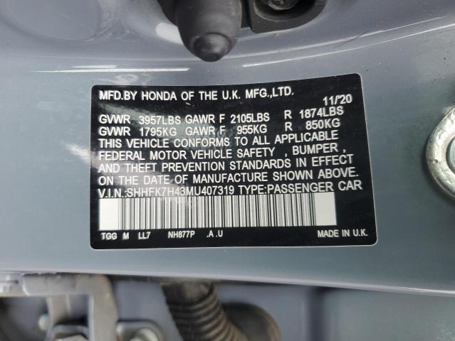 SHHFK7H43MU407319 - 2021 HONDA CIVIC SPORT 灰色 照片 12