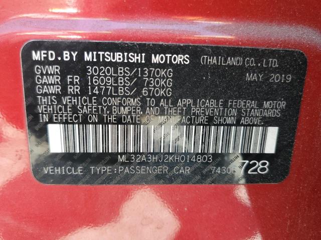 ML32A3HJ2KH014803 - 2019 MITSUBISHI MIRAGE ES RED photo 12