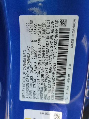 2HGFE2F57NH598392 - 2022 HONDA CIVIC SPORT 蓝色 照片 12