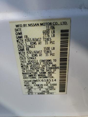 5N1AR18W07C618514 - 2007 NISSAN PATHFINDER LE 白色 照片 13