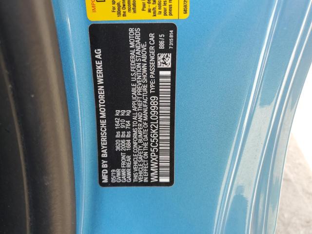 WMWXP5C56K2L09989 - 2019 MINI COOPER BLUE photo 12