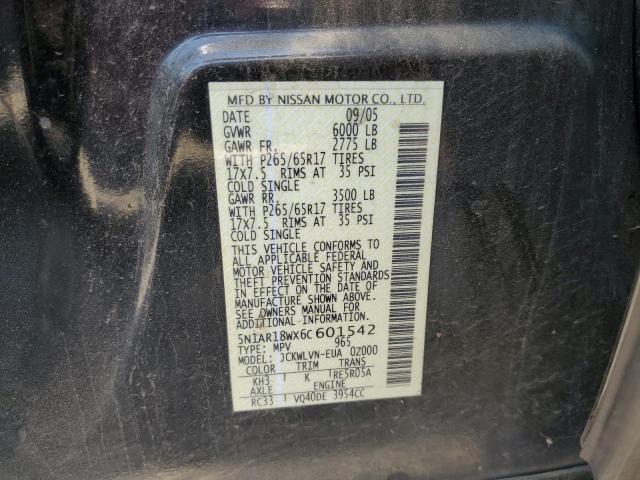 5N1AR18WX6C601542 - 2006 NISSAN PATHFINDER LE BLACK photo 12