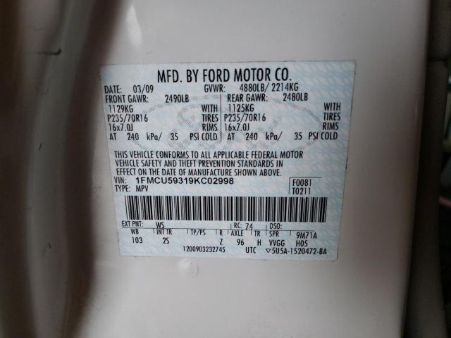 1FMCU59319KC02998 - 2009 FORD ESCAPE HYBRID WHITE photo 13