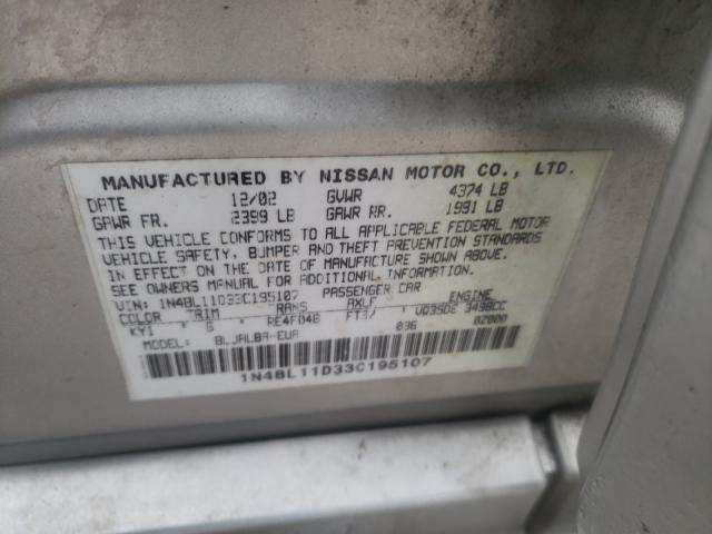 1N4BL11D33C195107 - 2003 NISSAN ALTIMA SE SILVER photo 10