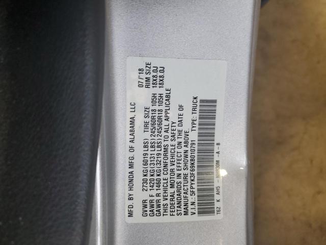 5FPYK3F69KB010791 - 2019 HONDA RIDGELINE RTL SILVER photo 13