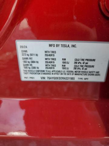 7SAYGDED2RA331985 - 2024 TESLA MODEL Y Червоний фото 12