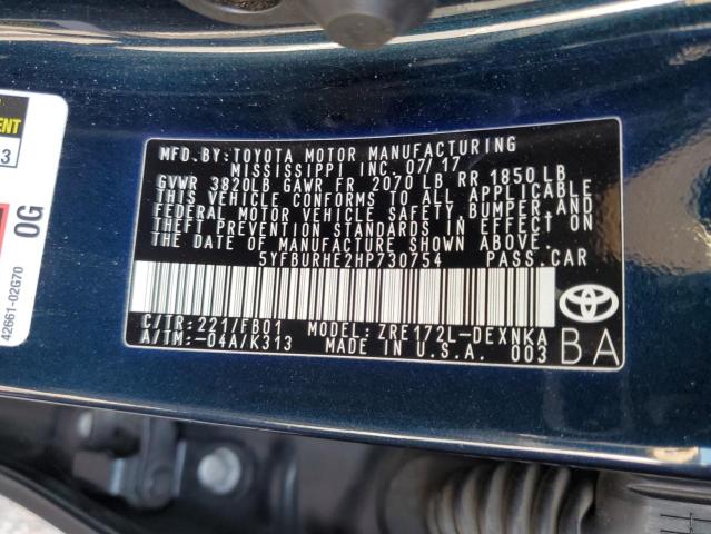 5YFBURHE2HP730754 - 2017 TOYOTA COROLLA L BLUE photo 12