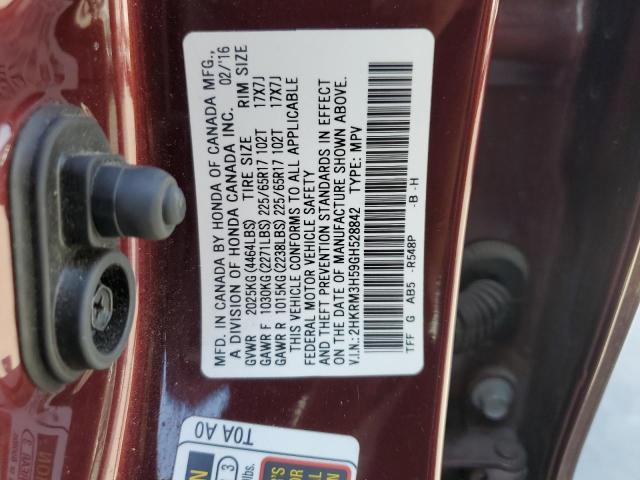 2HKRM3H59GH528842 - 2016 HONDA CR-V EX MAROON photo 12