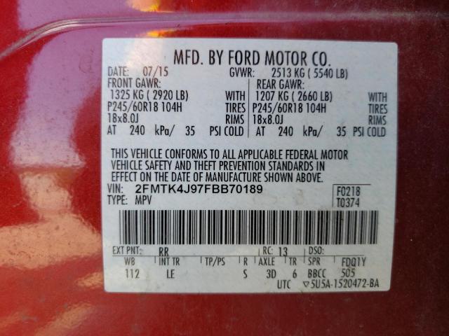 2FMTK4J97FBB70189 - 2015 FORD EDGE SEL RED photo 13