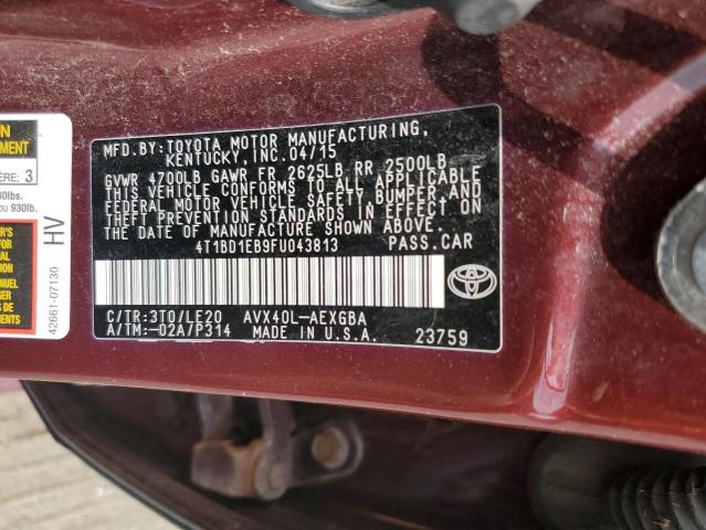 4T1BD1EB9FU043813 - 2015 TOYOTA AVALON HYBRID BURGUNDY photo 12