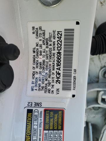 2HGFA16669H322421 - 2009 HONDA CIVIC LX-S Blanc photo 12