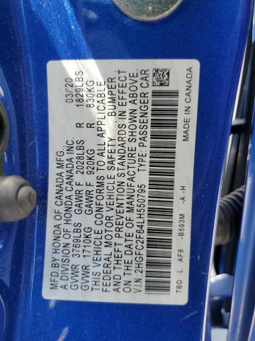 2HGFC2F64LH550795 - 2020 HONDA CIVIC LX BLUE photo 12