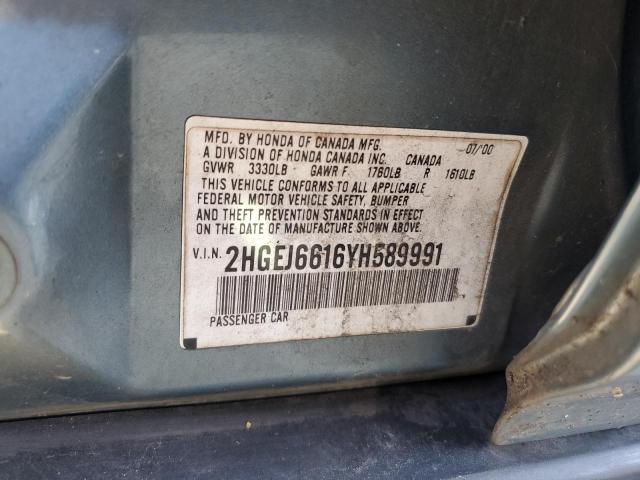 2HGEJ6616YH589991 - 2000 HONDA CIVIC BASE BLUE photo 13