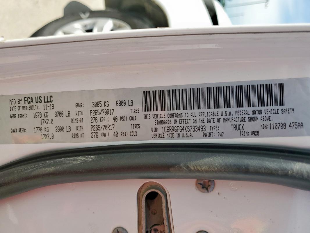 1C6RR6FG4KS733493 - 2019 RAM 1500 CLASSIC TRADESMAN WHITE photo 12