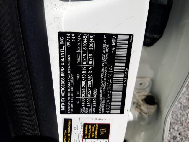 4JGDA5HB2FA474144 - 2015 MERCEDES-BENZ ML 350 4MATIC WHITE photo 13