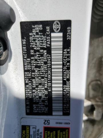 4T1B11HK9KU169457 - 2019 TOYOTA CAMRY L Blanc photo 12