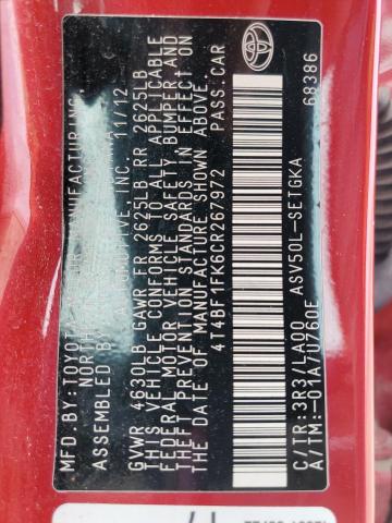 4T4BF1FK6CR267972 - 2012 TOYOTA CAMRY BASE 勃艮第红 照片 12