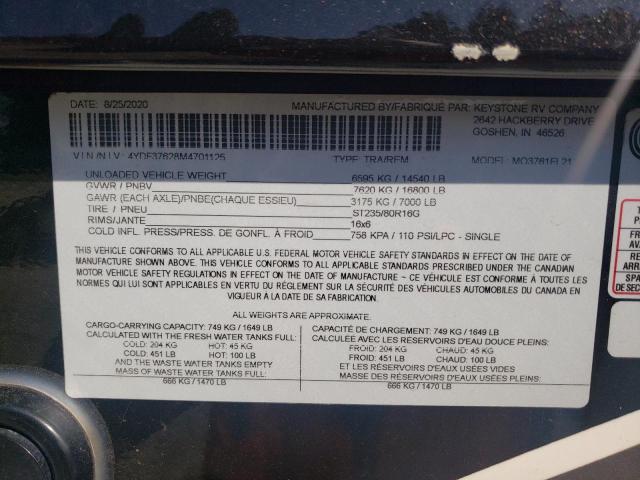 4YDF37628M4701125 - 2021 KEYSTONE MONTANA TWO TONE photo 10