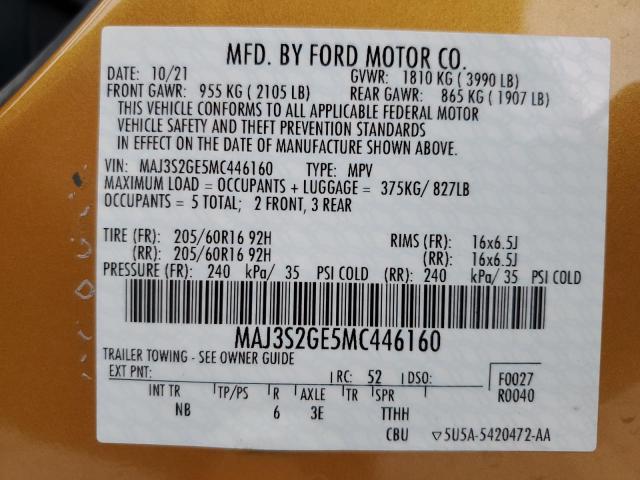 MAJ3S2GE5MC446160 - 2021 FORD ECOSPORT SE 金色 照片 13