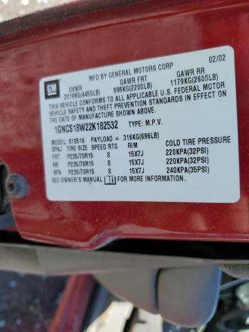 1GNCS18W22K182532 - 2002 CHEVROLET BLAZER RED photo 12