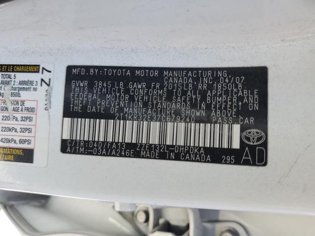 2T1KR32E37C679240 - 2007 TOYOTA COROLLA MA XR WHITE photo 12