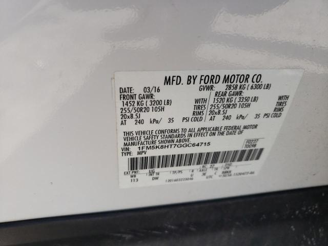 1FM5K8HT7GGC64715 - 2016 FORD EXPLORER PLATINUM WHITE photo 13