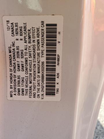 2HGFC4B88KH302096 - 2019 HONDA CIVIC SPORT 白色 照片 12