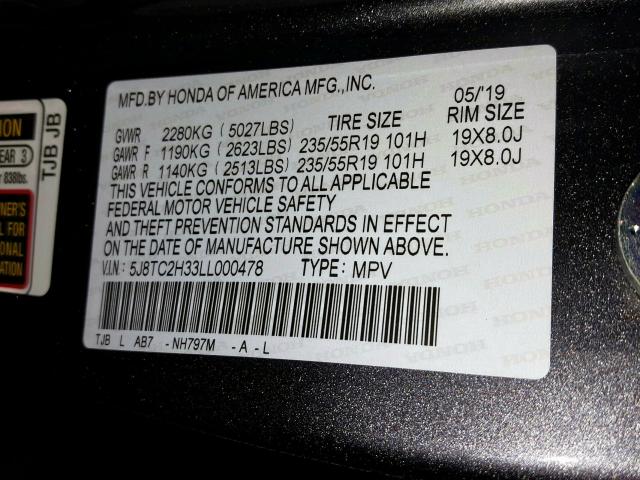 5J8TC2H33LL000478 - 2020 ACURA RDX  photo 10