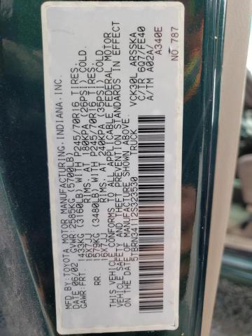 5TBRN34112S323530 - 2002 TOYOTA TUNDRA ACCESS CAB SR5 GREEN photo 12