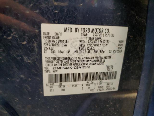 2FMDK4AK1CBA12658 - 2012 FORD EDGE SPORT BLUE photo 12