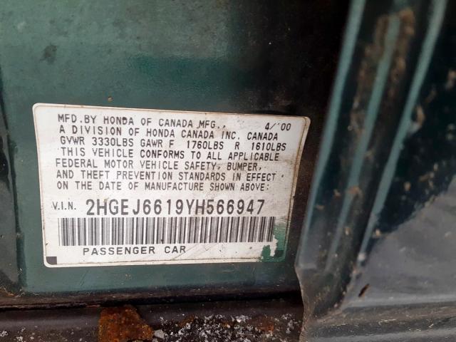 2HGEJ6619YH566947 - 2000 HONDA CIVIC BASE  照片 10