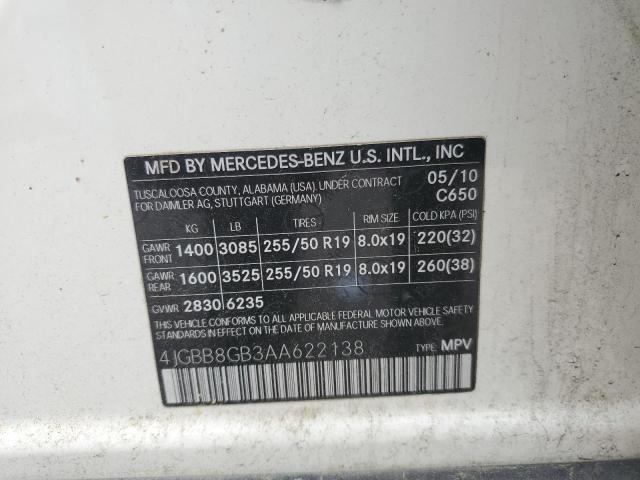 4JGBB8GB3AA622138 - 2010 MERCEDES-BENZ ML 350 4MATIC WHITE photo 13