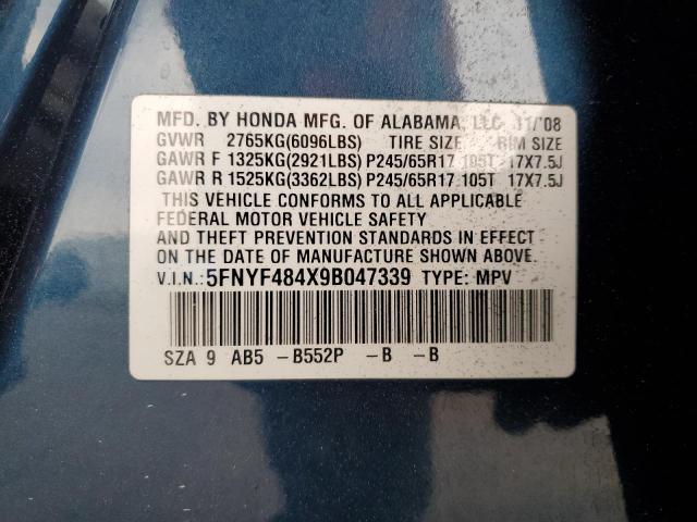 5FNYF484X9B047339 - 2009 HONDA PILOT EX BLUE photo 13