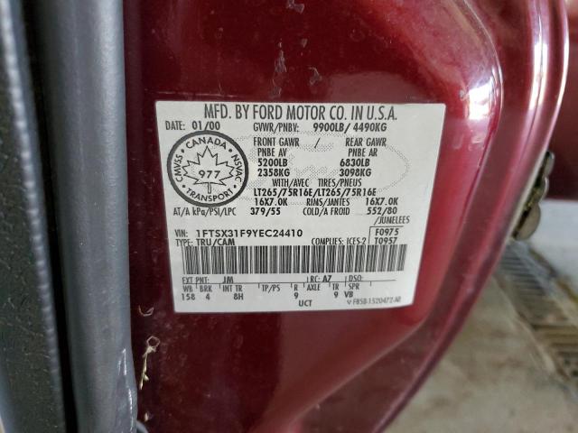 1FTSX31F9YEC24410 - 2000 FORD F350 SRW SUPER DUTY BURGUNDY photo 12