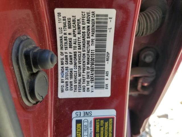 19XFA16979E001511 - 2009 HONDA CIVIC EXL 红色 照片 12