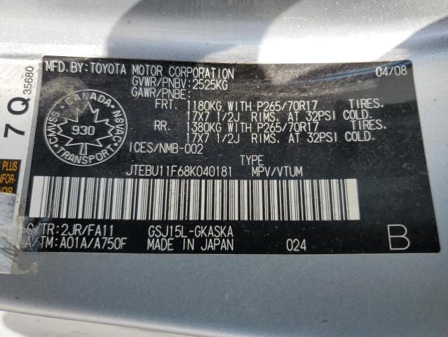 JTEBU11F68K040181 - 2008 TOYOTA FJ CRUISER SILVER photo 13