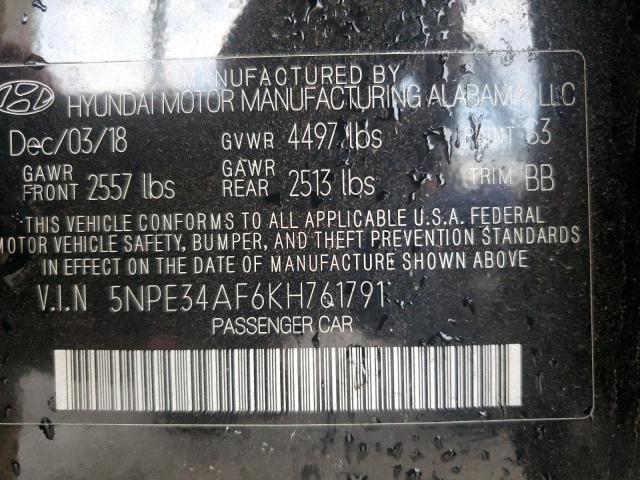 5NPE34AF6KH761791 - 2019 HYUNDAI SONATA LIMITED BLACK photo 12