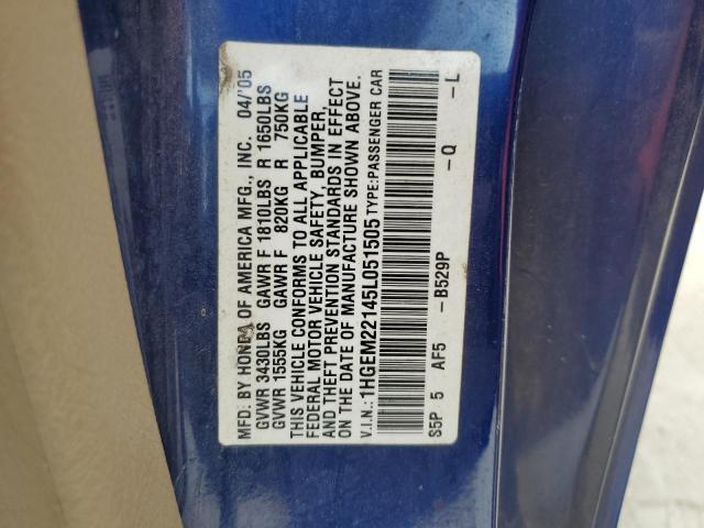 1HGEM22145L051505 - 2005 HONDA CIVIC DX VP Կապույտ լուսանկար 12