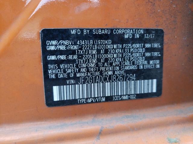 JF2GTADCXJ8267294 - 2018 SUBARU CROSSTREK PREMIUM Қызғылт сары фото 13