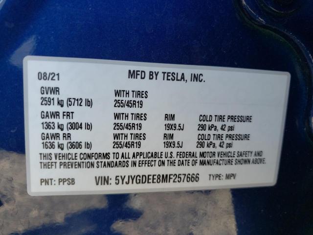 5YJYGDEE8MF257666 - 2021 TESLA MODEL Y أزرق صورة 10