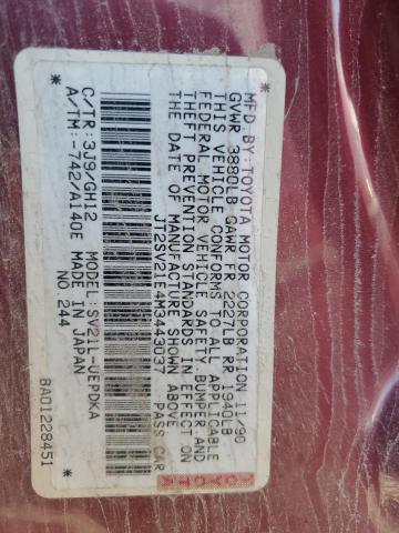 JT2SV21E4M3443037 - 1991 TOYOTA CAMRY DLX წითელი ფოტო 12