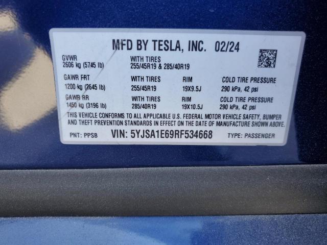5YJSA1E69RF534668 - 2024 TESLA MODEL S ლურჯი ფოტო 12