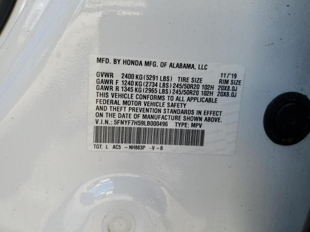 5FNYF7H59LB000496 - 2020 HONDA PASSPORT EXL WHITE photo 13